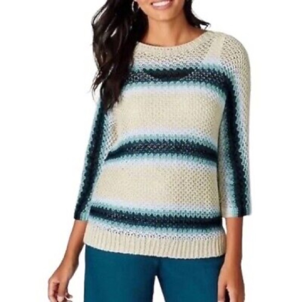 J. Jill Cream and Teal Striped Open-Knit Sweater